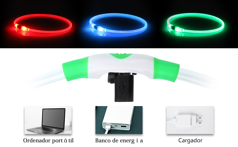 con iluminación LED en rojo, azul y verde. Características del producto que se muestran: recargable por USB, resistente al agua y de tamaño