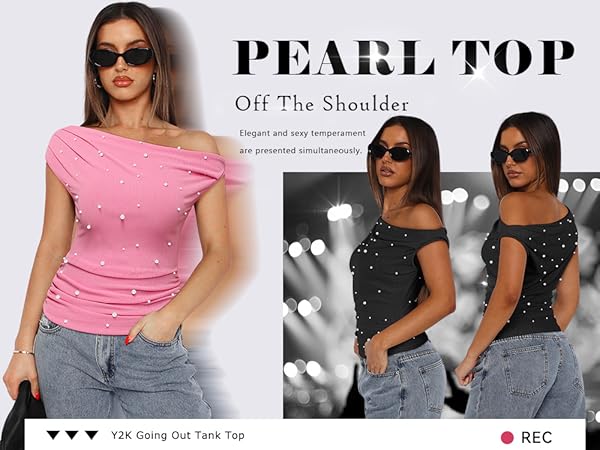 FEMLE Womens Pearl Off The Shoulder Tops Elegant