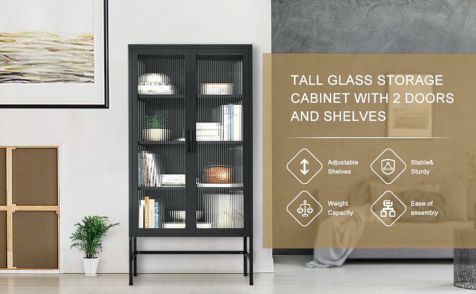 IKAYAA Tall Fluted Glass Door Storage with 4Tier Adjustable Shelves Modern