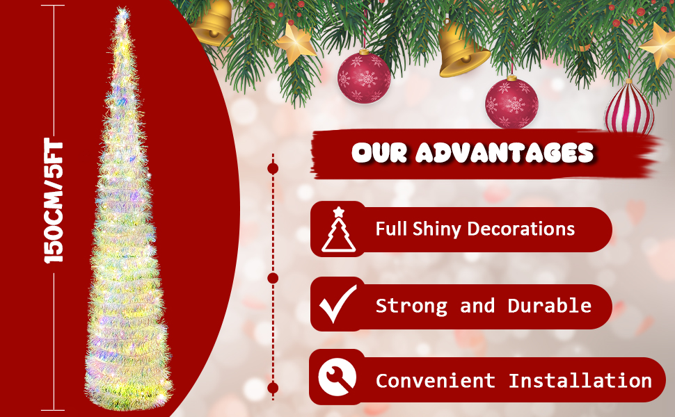 OurWarm 5FT Collapsible Pop Up Christmas Tree, Tinsel