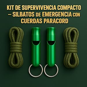 El texto dice «KIT DE SUPERVIVENCIA COMPACTO - SILBATOS DE EMERGENCIA CON CUERDAS PARACORD». Muestra silbatos de emergencia de color verde con cuerdas de paracaídas.