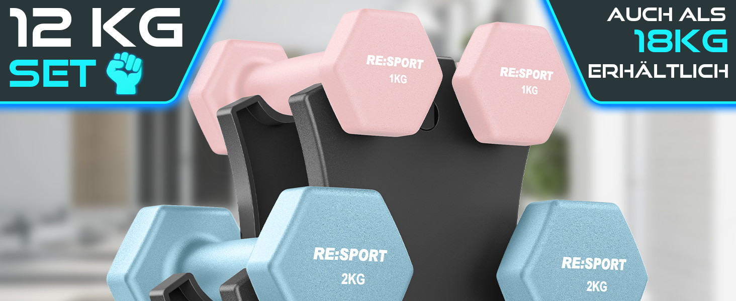 Der Text lautet „12 KG SET“. Display mit sechseckigen Hanteln in den Farben Pastellrosa und Mintgrün, angeordnet im Einzelhandel oder im Fitnessstudio.