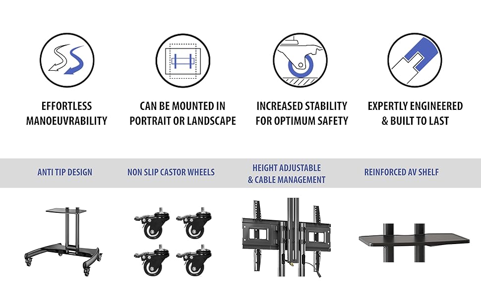 Invision GT1200 Mobile TV Stand on Wheels For 3275 Inch TVs Anti Tip