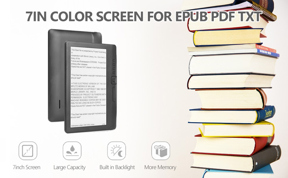 Zunate EBook Reader, 7in TFT LCD 169 Color Screen E Reader,Supports