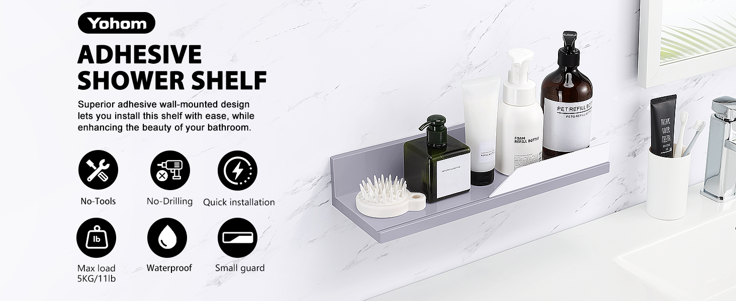 YOHOM Adhesive Bathroom Floating Shelf No Drilling for Tile Wall Stick
