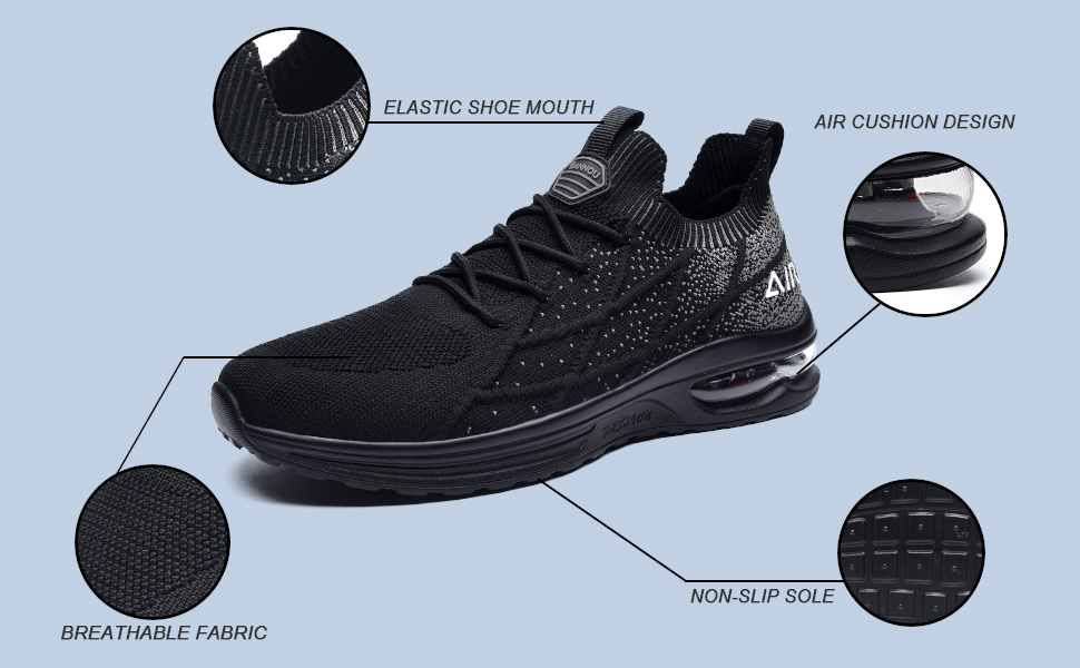 AIR CUSHION DESIGN;BREATHABLE FABRIC;NON-SLIP SOLE;ELASTIC SHOE MOUTH