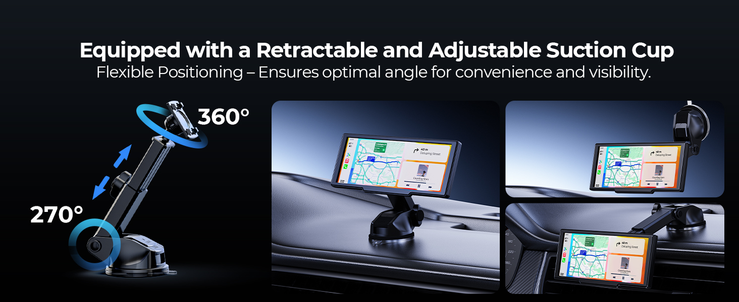 Car phone mount with 360-degree rotation capability, featuring adjustable suction cup base and multiple viewing angle demonstrations.