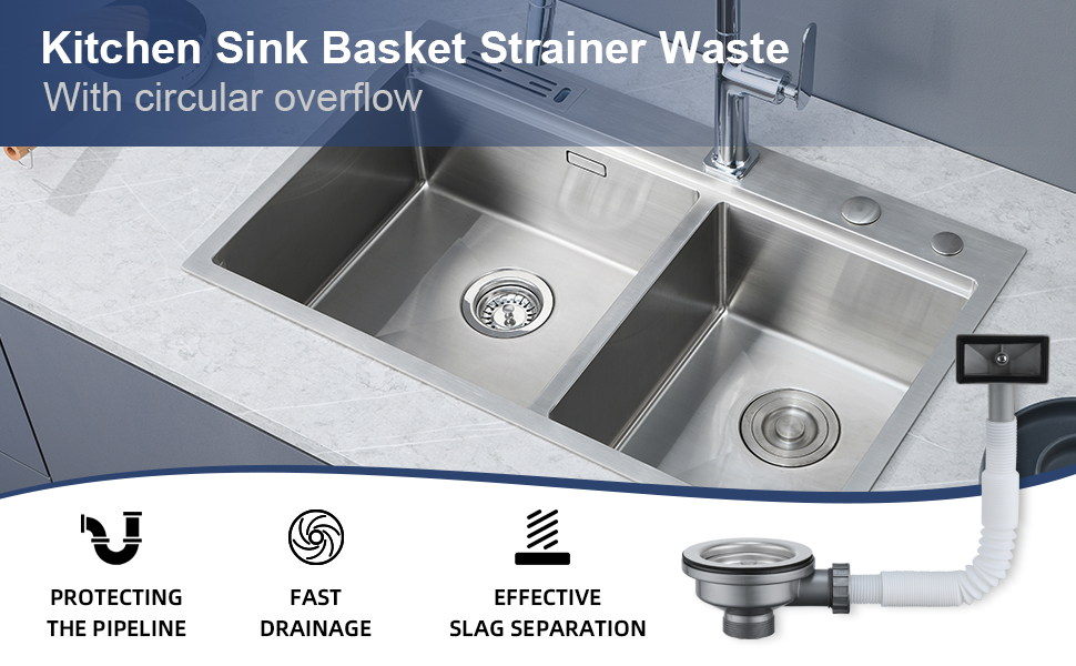 WINDALY Kitchen Sink Waste Kit with Overflow, 114mm Stainless Steel