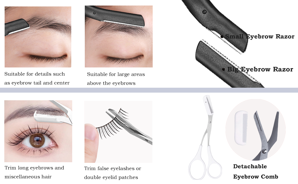 Eyebrow grooming tools including razors and scissors. Step-by-step images demonstrate eyebrow shaping process and false eyelash application.