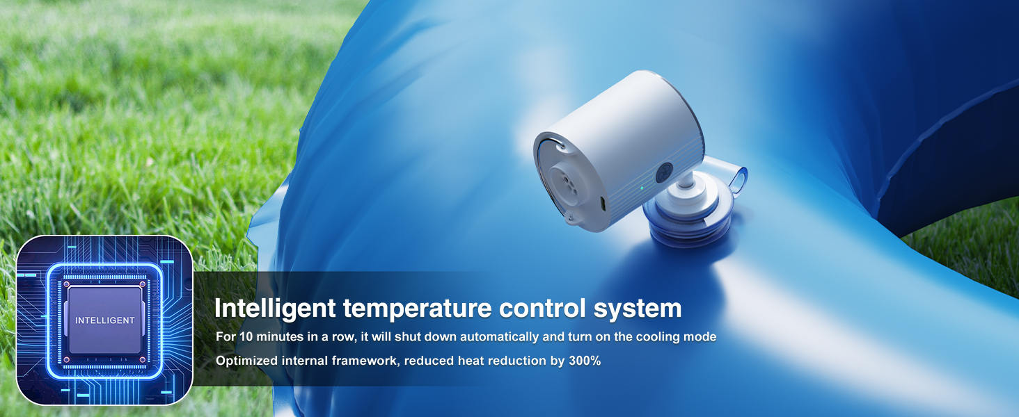 Il testo recita: «Sistema intelligente di controllo della temperatura». Dispositivo di visualizzazione della scena all'aperto con display digitale montato su una superficie blu con dettagli tecnici di installazione.