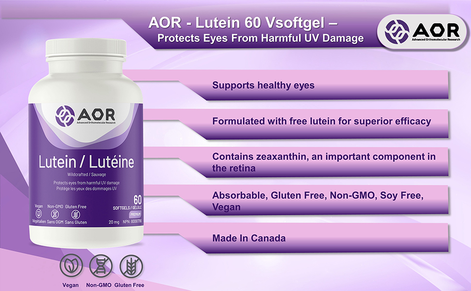 AOR Lutein 20mg, 60 Vsoftgel Eye Vitamins Lutein and Zeaxanthin