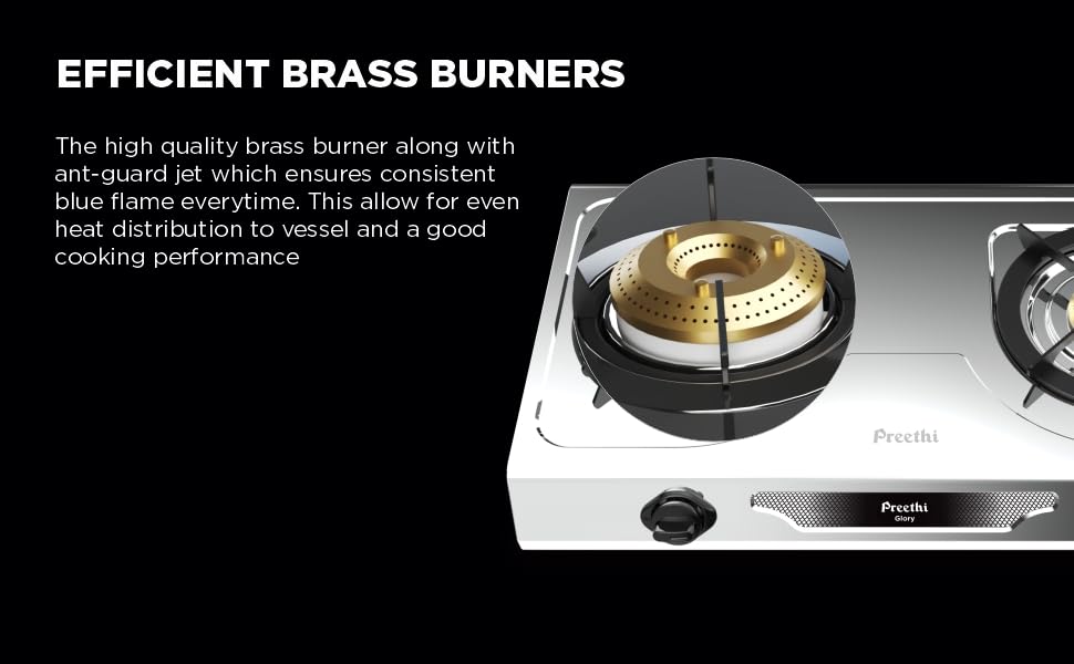 Preethi Glory 2 Burner Gas Stove with efficient brass burners
