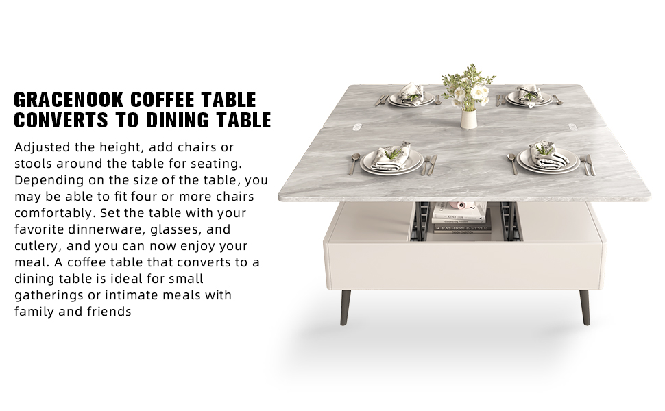 GraceNook Lift Top Coffee Table, White Coffee Table Converts to Dining
