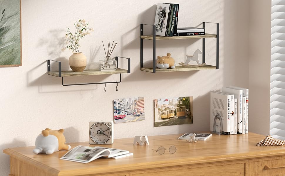 ZGO 2+1 Tier Floating Shelves Wall Mounted Set of 2, Rustic Wood Wall Shelves with