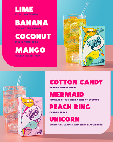 Lime, Banana, Coconut, Mango, Cotton Candy, Mermaid, Peach Ring, Unicorn