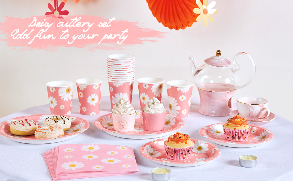 SUNBEAUTY Party Tableware Set, Little Daisy Party Tableware, Pastel