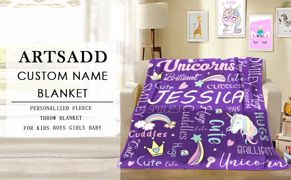 Personalized Unicorn Fleece Throw Blanket for Kids Teens Boys Girls Baby Custom Name