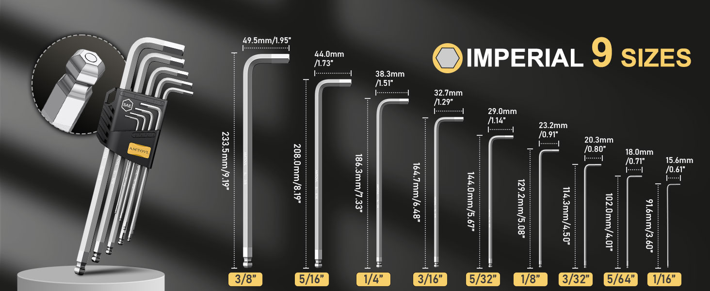 Set of 9 hex keys in various sizes, ranging from 1.5mm to 10mm. Text reads 'IMPERIAL 9 SIZES' with a product image showing the hex keys bundled together.
