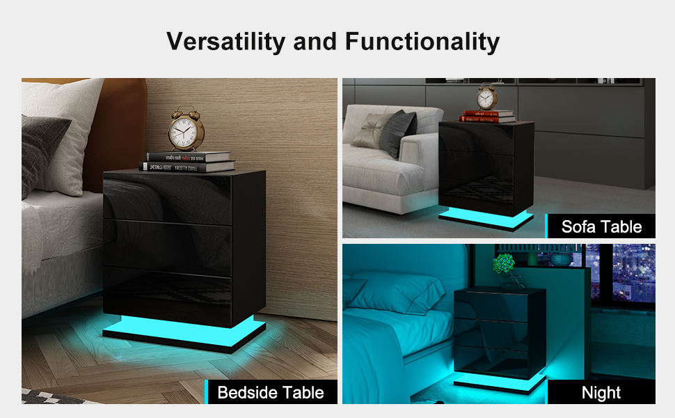 BESTWANTED Bedside Table, Black Gloss Bedside High Gloss LED