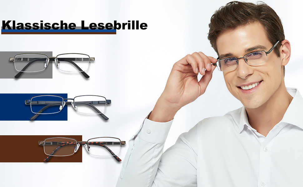 Madison Avenue Halber Rahmen Lesebrille Herren, Metall Blaulichtfilter Brille Herren, Rechteck