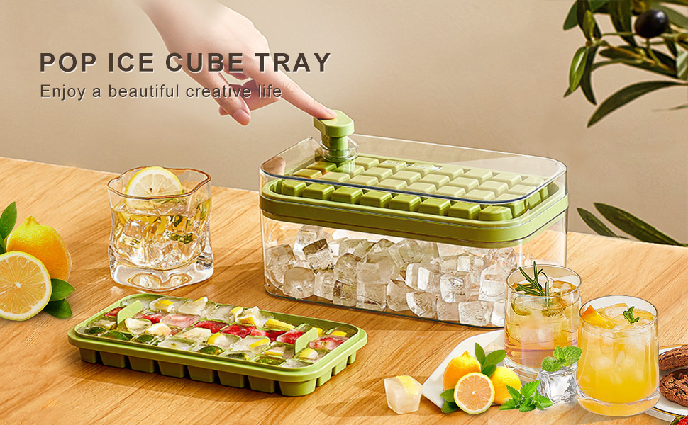Ice Cube Tray with Lid Bin and Scoop Square Ice Cubes Molds