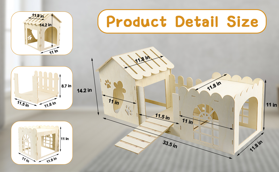 Large Rabbit Wooden Hideout House, MultiChamber Small Animal Wooden Castle Cage, Bunny