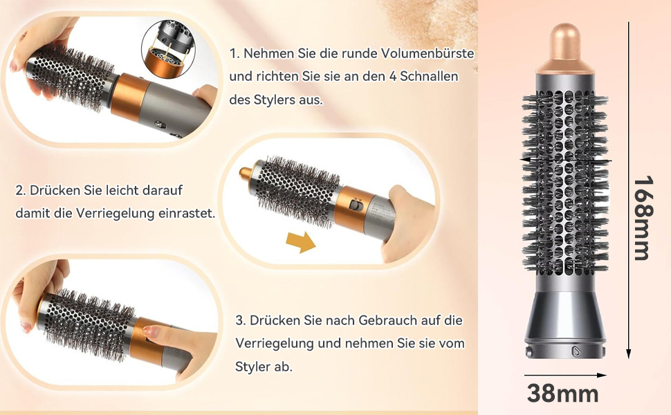 Technisch productdiagram met afmetingen van de haarstylingborstel van 38 mm en gedetailleerde instructiestappen voor correct gebruik, met een cilindrisch ontwerp van de borstelkop.