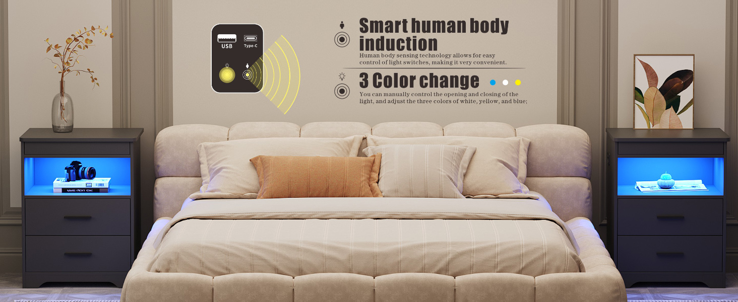 LED nightstand with charging station, 3 color change