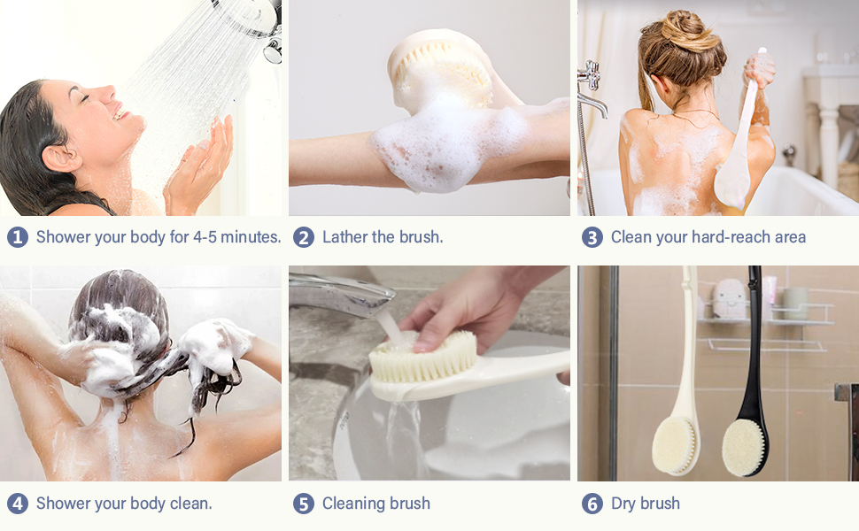Using Steps of VANZAVANZU Back Brush Long Handle for Shower