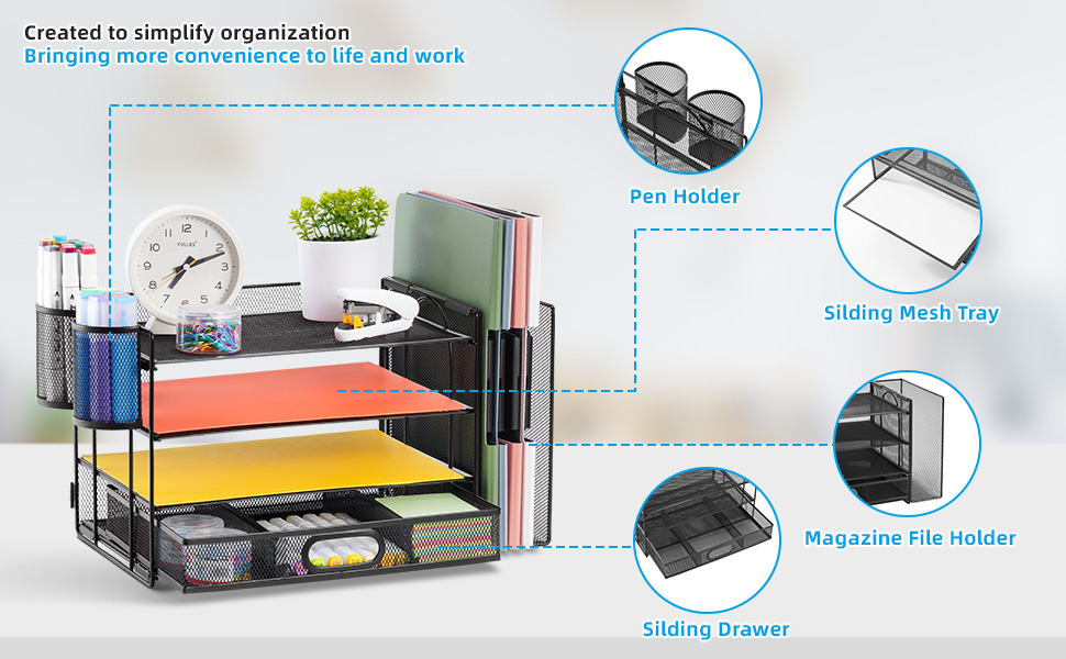 Desk Organiser, 4Tier Desk File Organiser with Drawer and 2Pen Holder