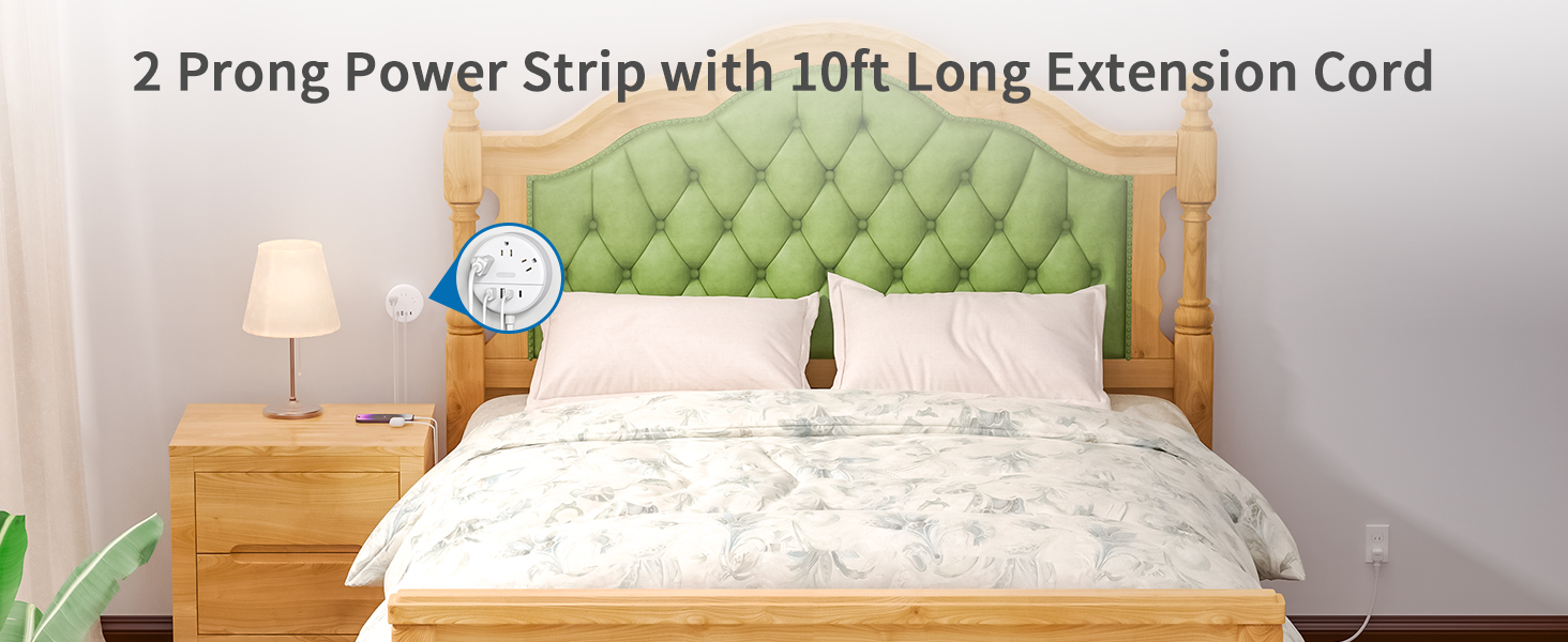 2 Prong Power Strip, NTONPOWER 10 FT Extension Cord, 2