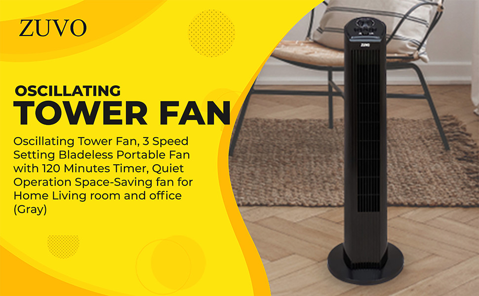 Zuvo 30" Oscillating Tower Fan, 3 Speed Setting Bladeless Portable Fan