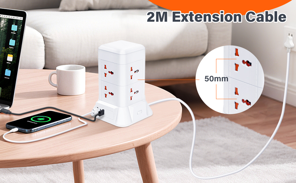 Text reads '2M Extension Cable'. Multiple product photos showing white electrical extension cords and power strips in use with various devices.