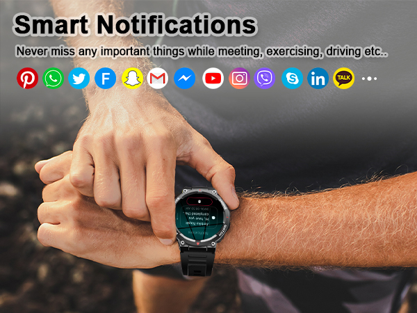 Smartwatch displaying notifications on a person's wrist. Text above lists various app icons, emphasizing the device's ability to receive alerts during activities.