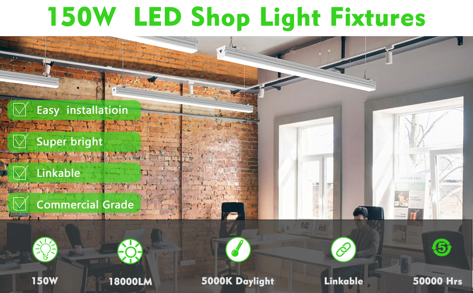 8FT LED Shop Lights Fixture, Seamless&Wired Linkable LED Shop Lights