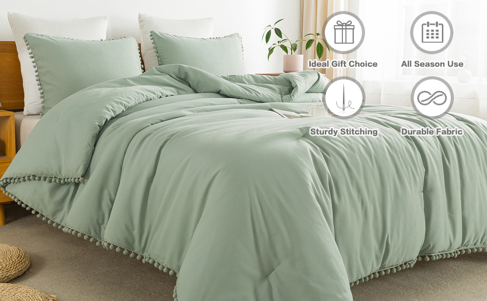Litanika Sage Green Pom Pom Fringe Comforter Queen(90x90 Inch), 3
