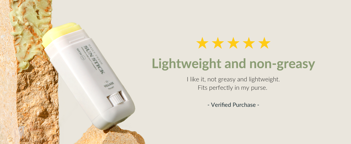 White cylindrical skincare product with yellow cap. Shown next to beige powdery substances. Text highlights lightweight, non-greasy formula. Five-star rating displayed.