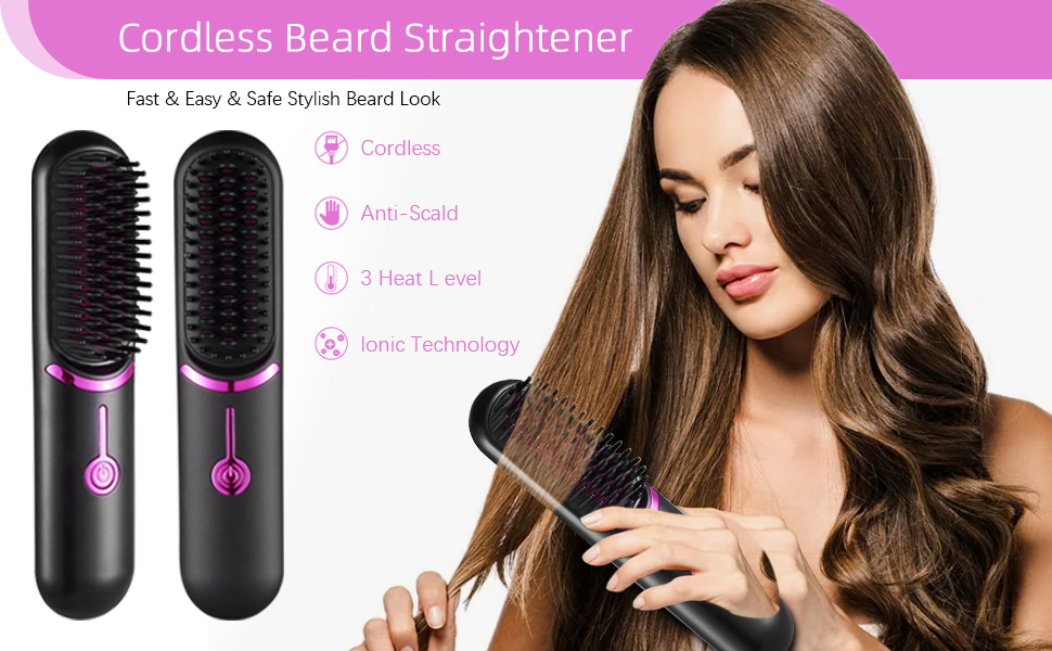 Cordless Hair Straightener Brush, Portable Negative Ion Hair Brush with Type-C Rechargeable