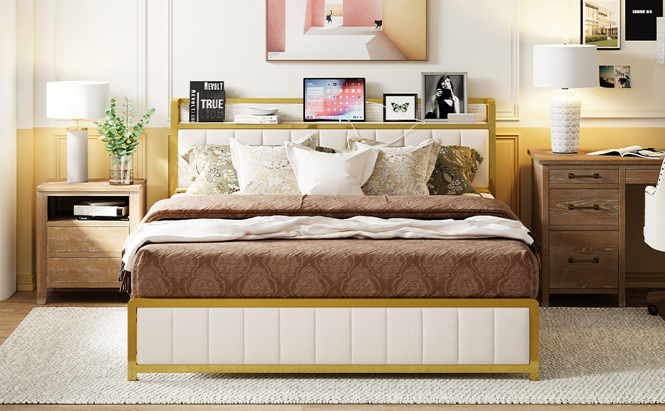 ANCTOR Queen Bed Frames, Storage Headboard with Charging