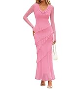 MEROKEETY Women's Fall Floral Long Sleeve Maxi Dress 2025 Cowl Neck Wedding Guest Ruffle Mesh Coc...