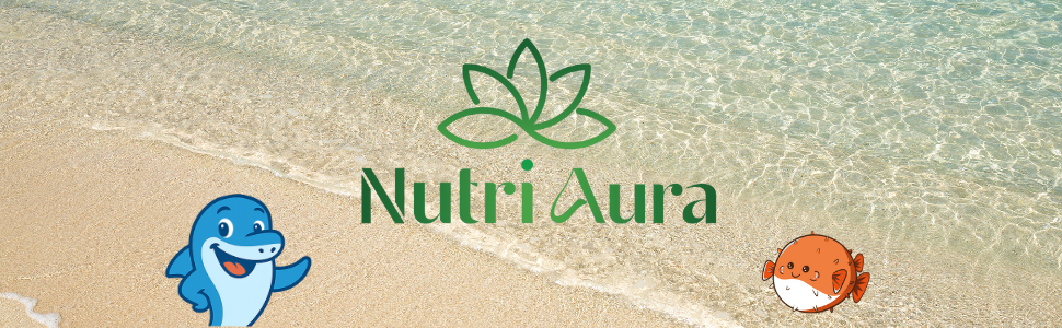 avec le texte vert « Nutri Aura » surmonté d'une fleur de lotus stylisée. Personnages de dessin animé de dauphins et de poissons-globes sur une plage de sable avec fond d'eau