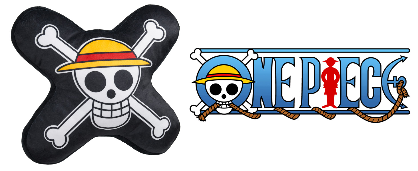 Two One Piece anime logos: a black crossbones with yellow-hatted skull, and a blue text logo with red figure.