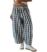 Omoone Womens Plaid Wide Leg Pants Gingham Print Crop Baggy Pants High Waist Cotton Carpenter Tro...