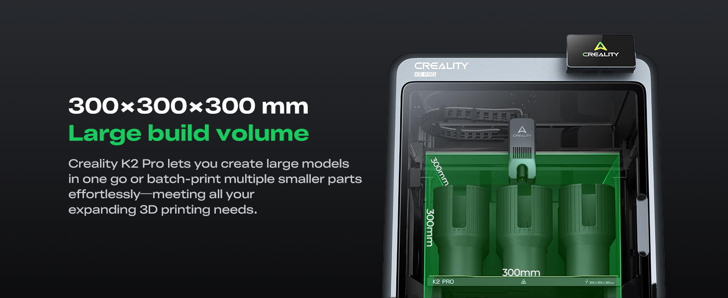 Text reads '300x300x300 mm Large build volume'. Green-lit technological device or printer displaying dimensional specifications.