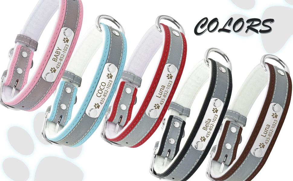 Senristar Personalised Reflective Leather Dog Collar with Warm Lining