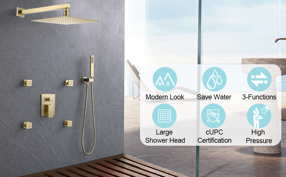 Enga Brushed Gold Rain Shower System with 4 Body Shower Jets 12inch