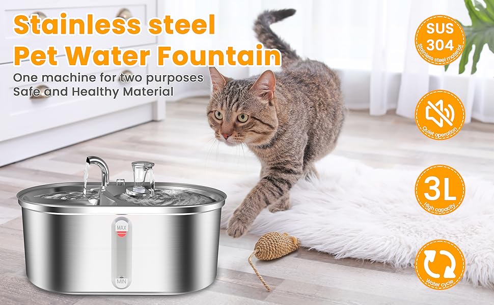 KPWACD Cat Water Fountain, 3.0L/102oz Stainless Steel Pet Water Fountains Dog