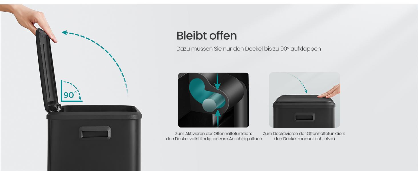 Čierna úložná nádoba s ilustrovaným návodom zobrazujúcim 90-stupňový uhol otvorenia veka a schémy vetracieho systému.