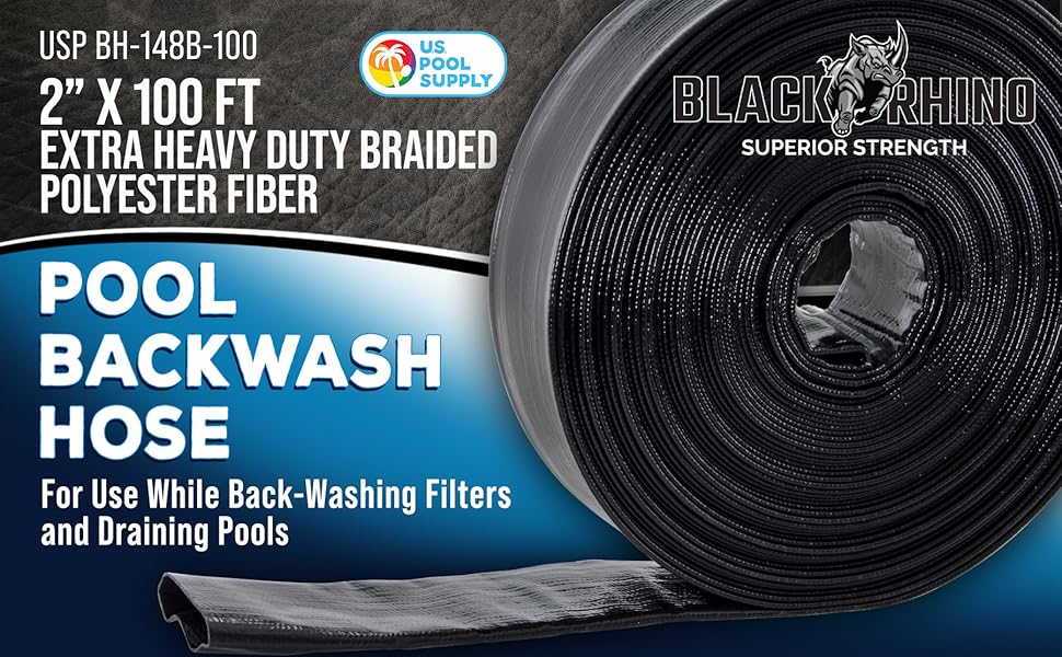 Black Rhino 2"x100' Extra Heavy-Duty Backwash Hose - Burst-Resistant Lay Flat Pool Drain Hose