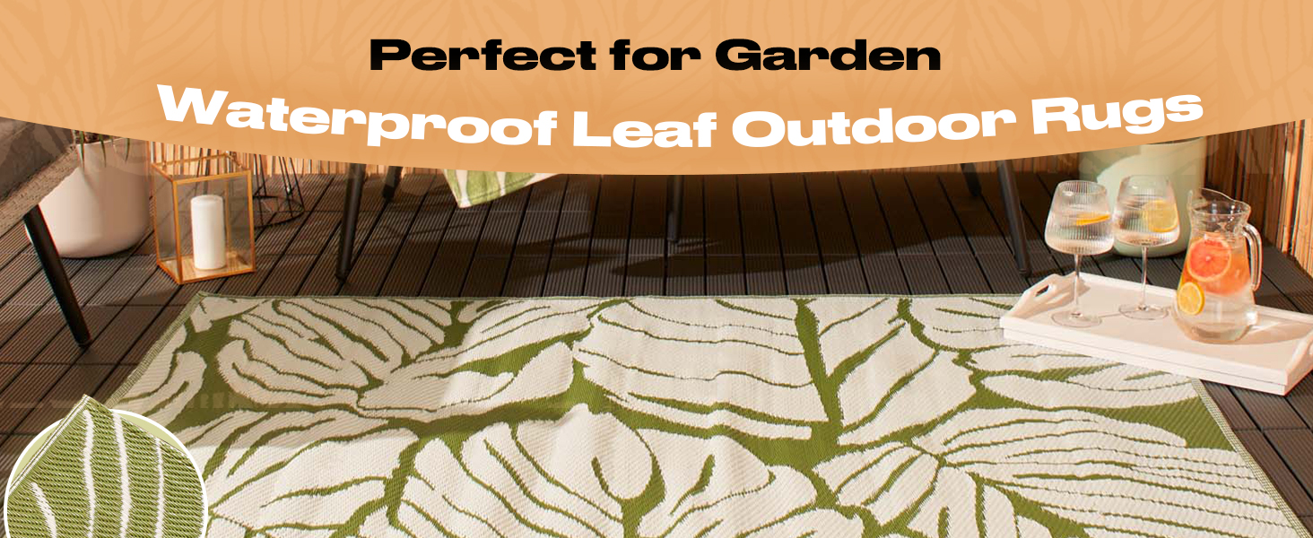 leaf rug, outdoor rug round, circular outdoor rug, round garden rug, outdoor rug green,  